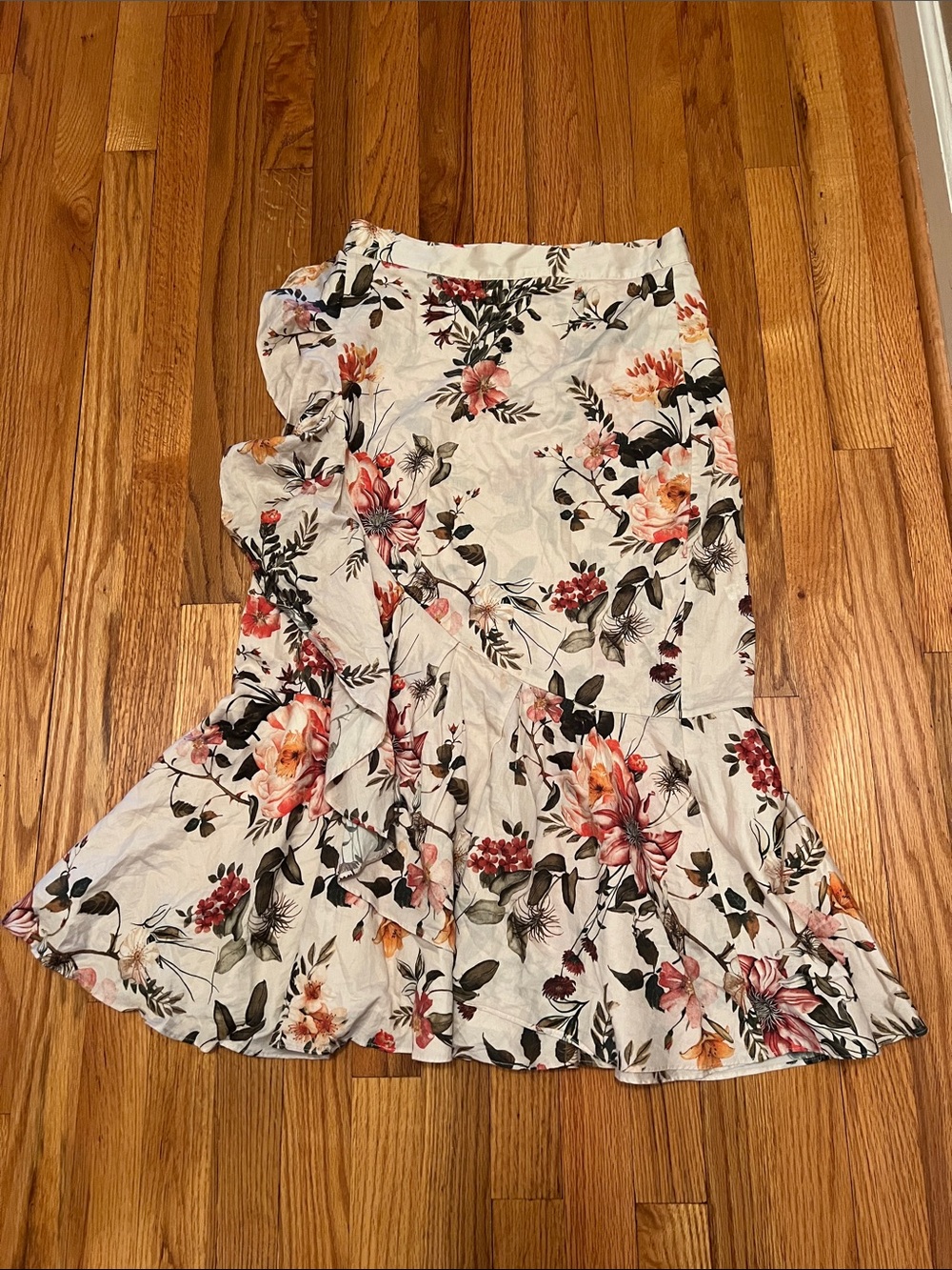 ANTONIO MELANI Cream Floral Ruffle Midi Skirt with Pink & Orange Blooms
